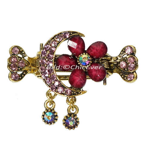 Haargreifer Haarspange Blume Mond Metall bordeaux lila gold 5005b - zum Schließen ins Bild klicken